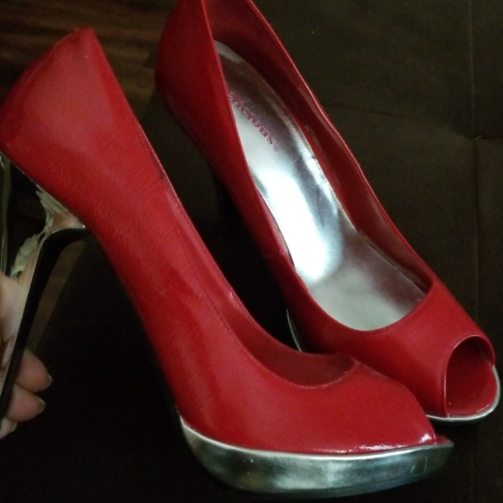 Red peep toe heels